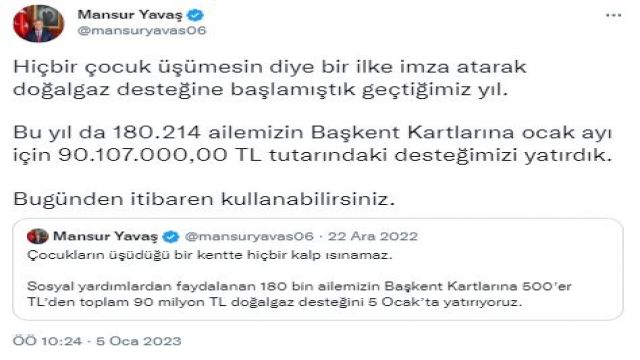 Başkent'ten haber | 180 bin aileye doğal gaz desteği ödemesi yapıldı