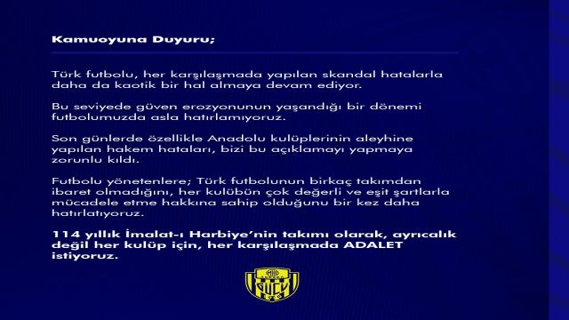Fenerbahçe maçı öncesi MKE Ankaragücü'nden açıklama: "Adalet istiyoruz."