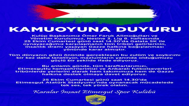 Etimesgutspor'dan Gazze duyarlılığı