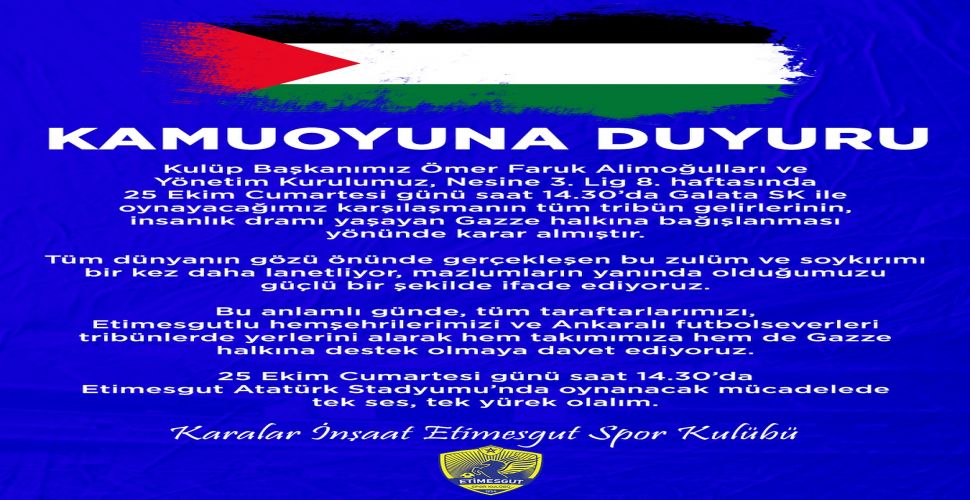 Etimesgutspor'dan Gazze duyarlılığı