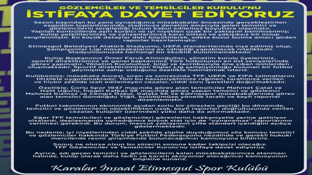 Etimesgut Spor: TFF Temsilciler ve Gözlemciler Kurulu'nu istifaya davet ediyoruz