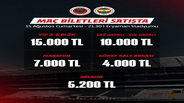 Gençlerbirliği, Fenerbahçe maçının biletlerini satışa sundu...