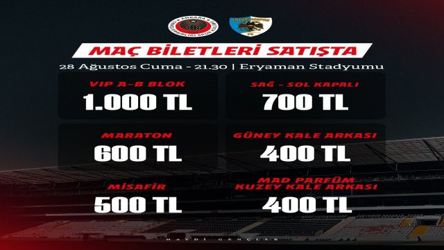 Gençlerbirliği’nin Erzurumspor FK maçının biletleri satışa çıktı...
