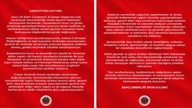 Gençlerbirliği, Amed SF maçının huzur içinde geçmesi için bazı bilgilendirmeler yaptı