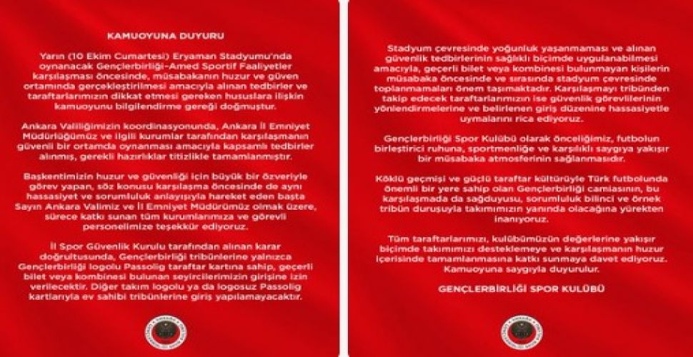 Gençlerbirliği, Amed SF maçının huzur içinde geçmesi için bazı bilgilendirmeler yaptı